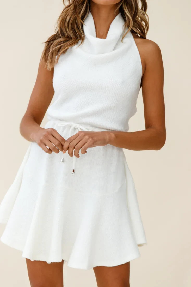 Cosette Cowl Halterneck Knit Dress White