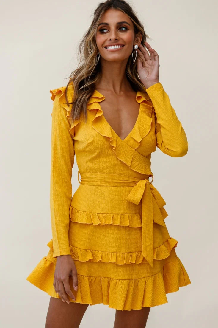 Jemirah Ruffle-Trimmed Long Sleeve Frill Dress Mustard