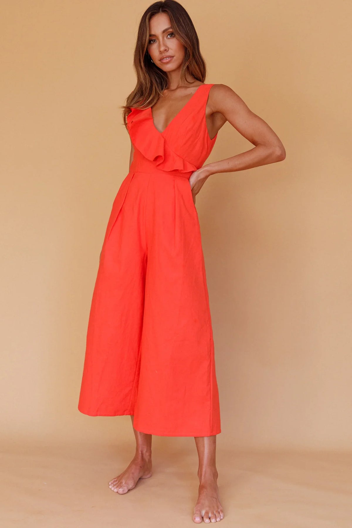Cheryl Ruffle Strap Wide Leg Jumpsuit Tangerine