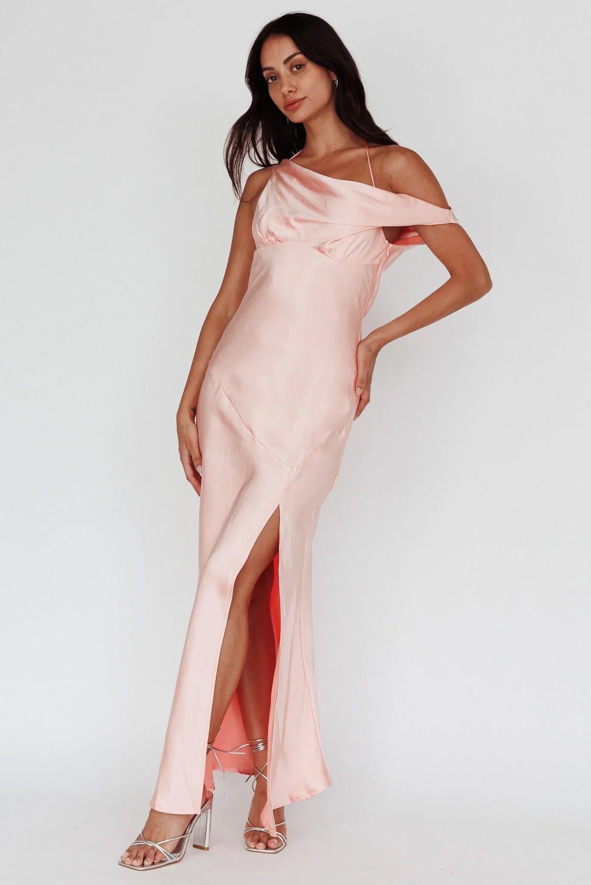 Etienne Off-Shoulder Halter Midi Dress Shimmer Pink