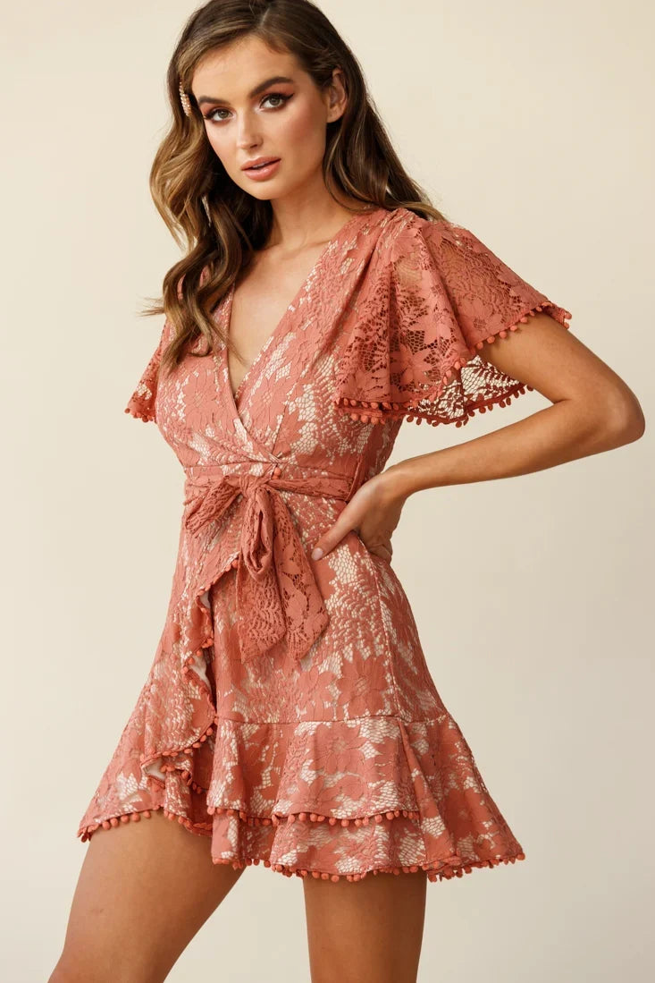Cami Angel Sleeve Faux Wrap Dress Lace Rose