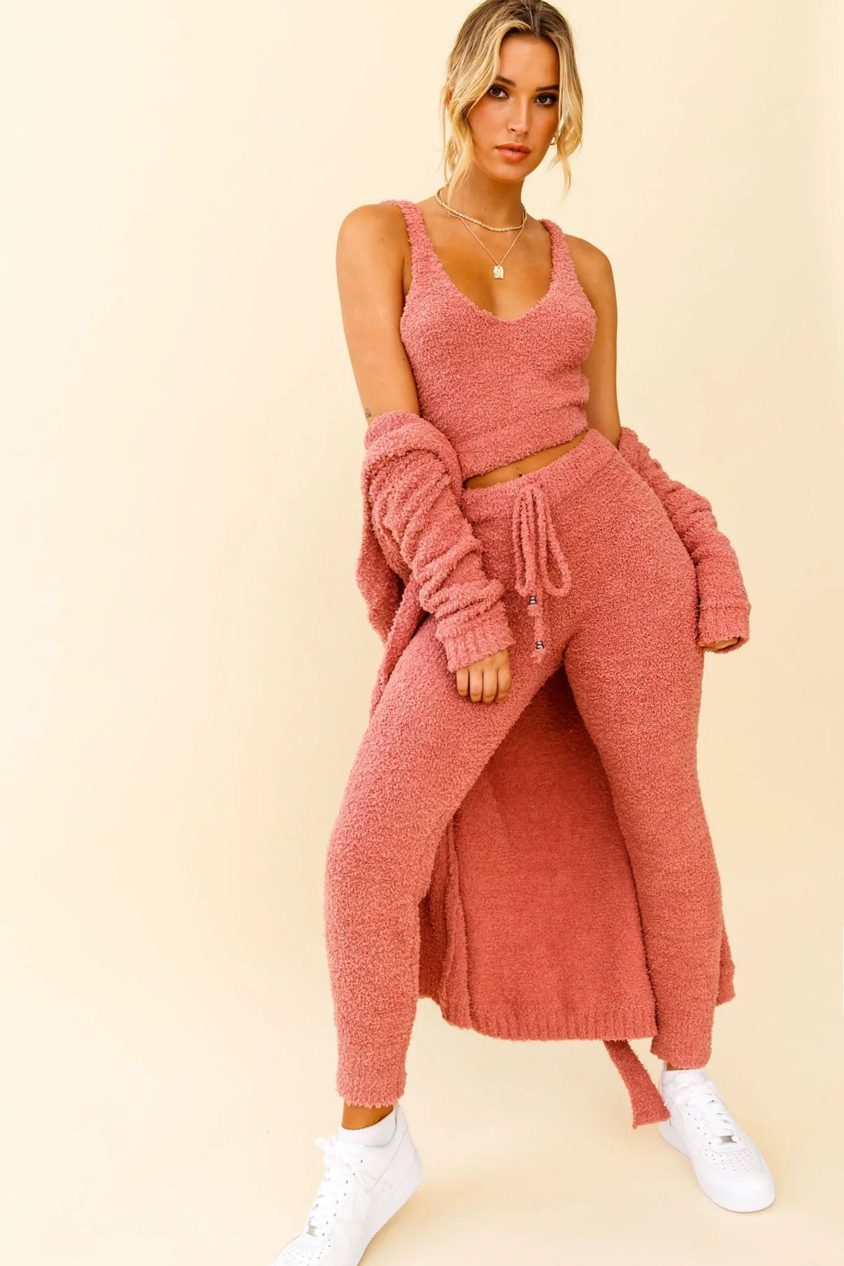My Girl Fuzzy Knit Thick Strap Crop Top Rose