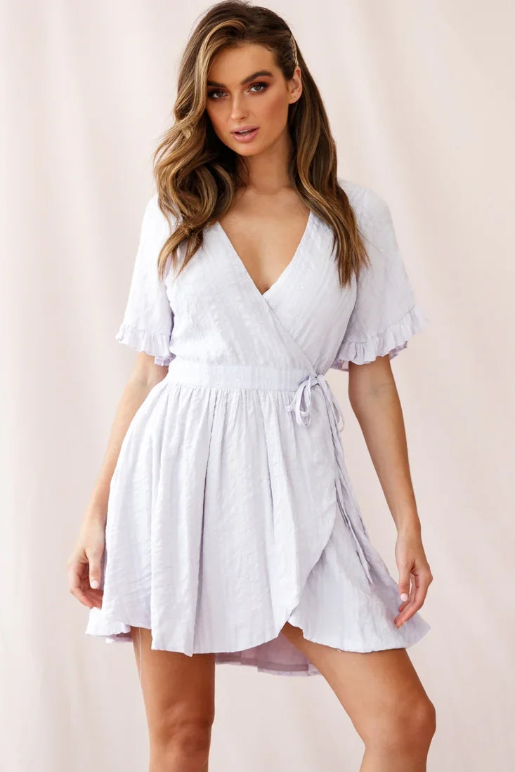 Cara Frill Trim Wrap Dress Stripe Print Lavender