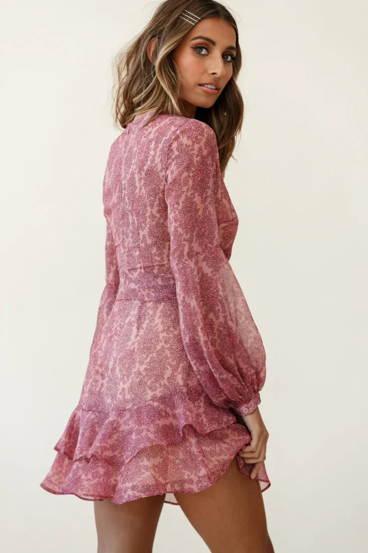 Kerry Layered Balloon Sleeve Dress Flower Pattern Pink
