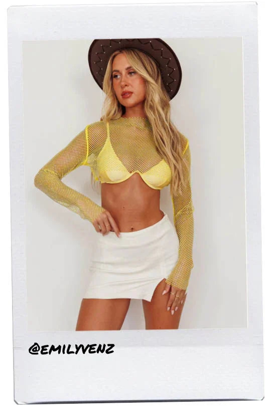 Last Call Fishnet Crop Top Yellow