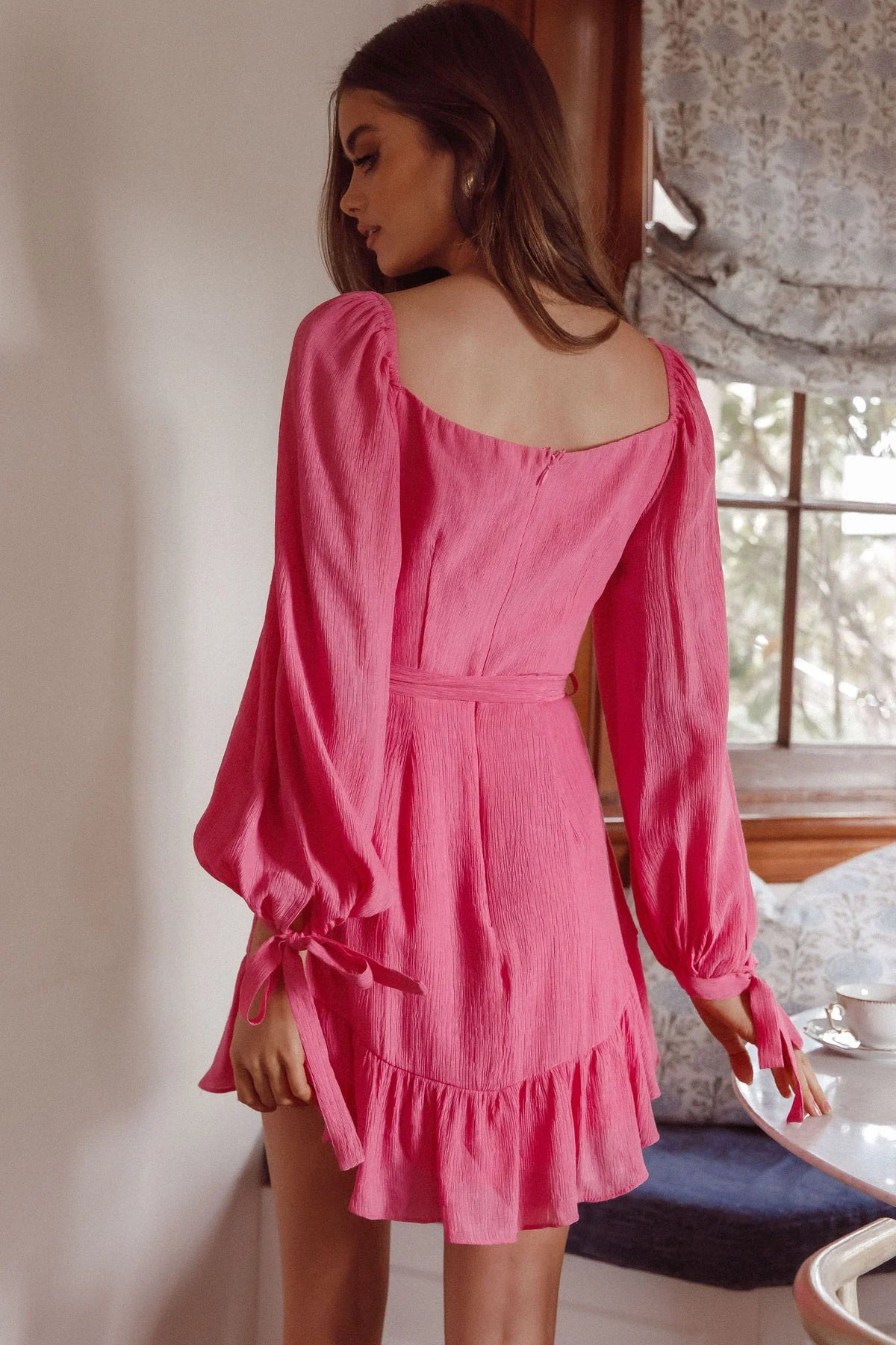 Make Memories Balloon Sleeve Molded Bust Dress Hot Pink
