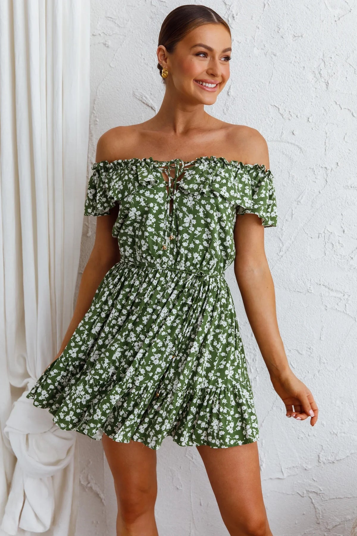 Andie Off-Shoulder Frill Dress Floral Green