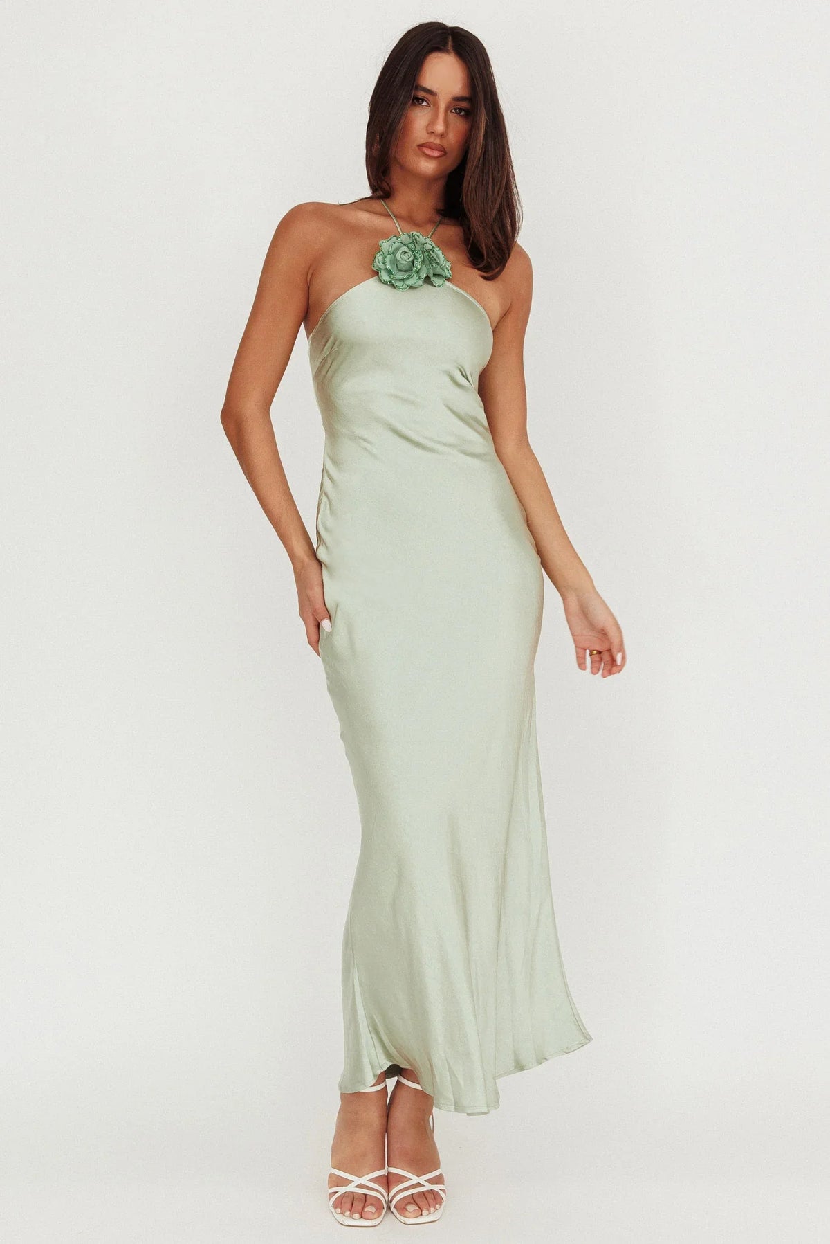 High Roller Flower Decoration Halter Dress Sage