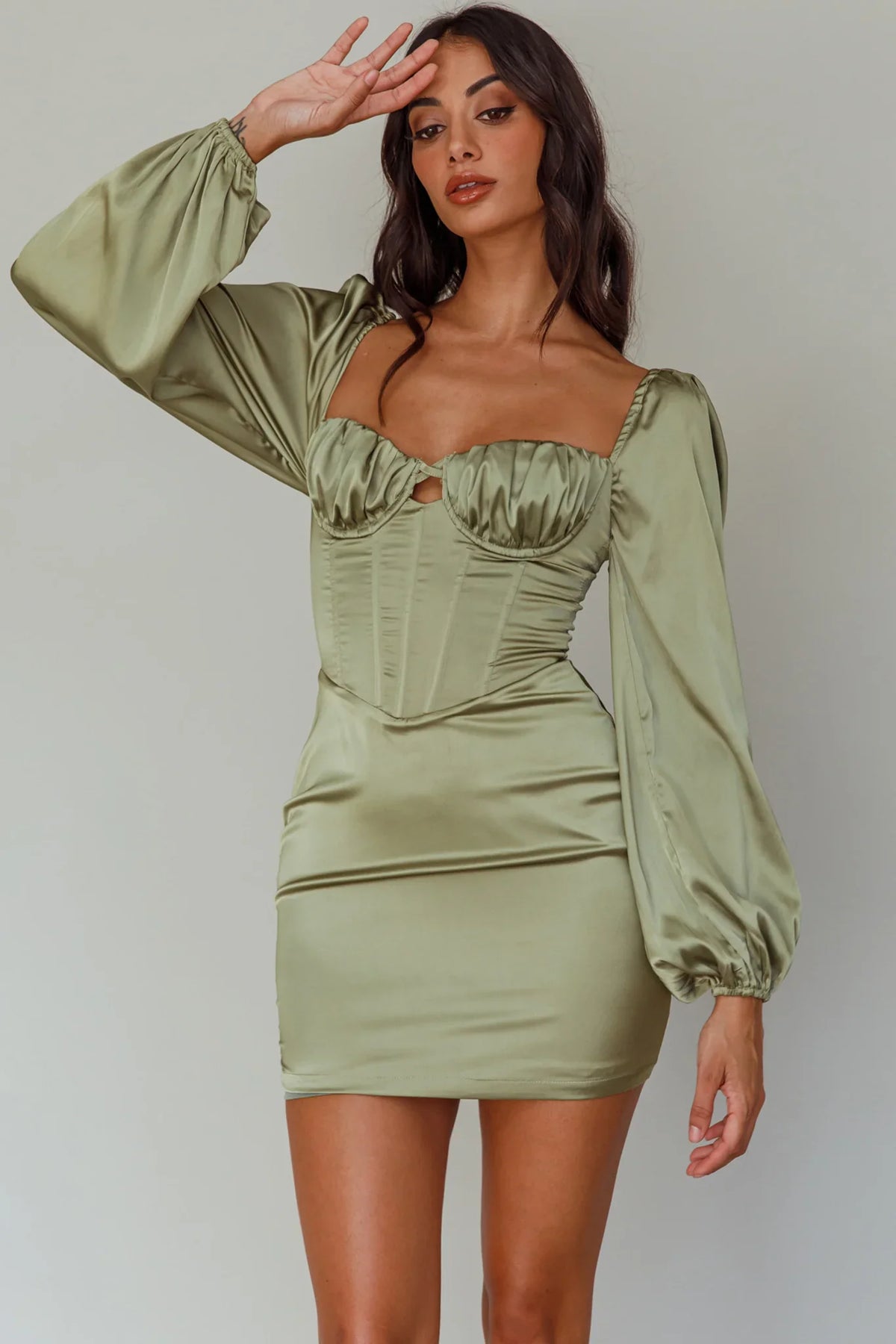 Au Revoir Long Sleeve Satin Mini Dress Sage