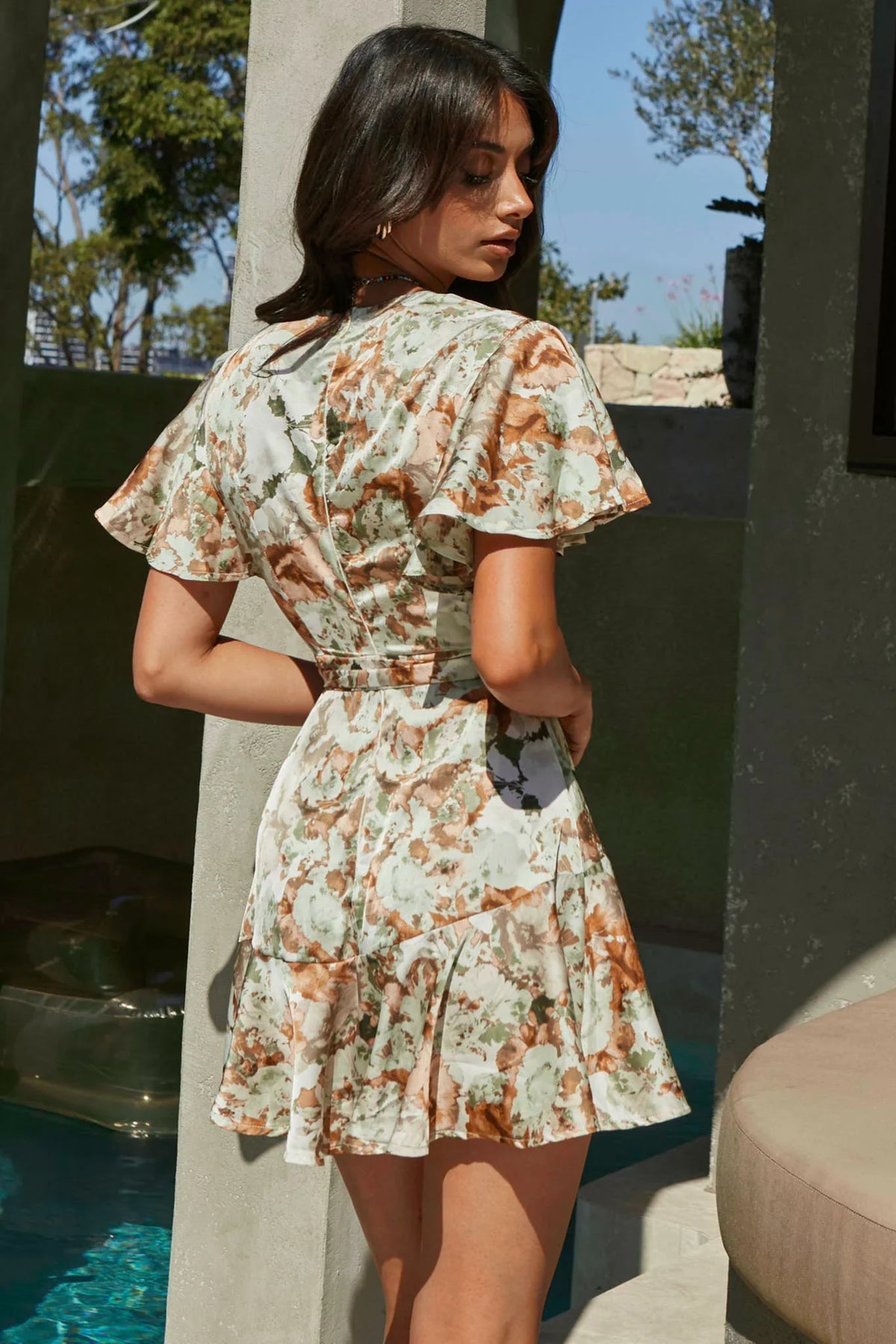 Cami Angel Sleeve Faux Wrap Dress Abstract Floral Print Sage