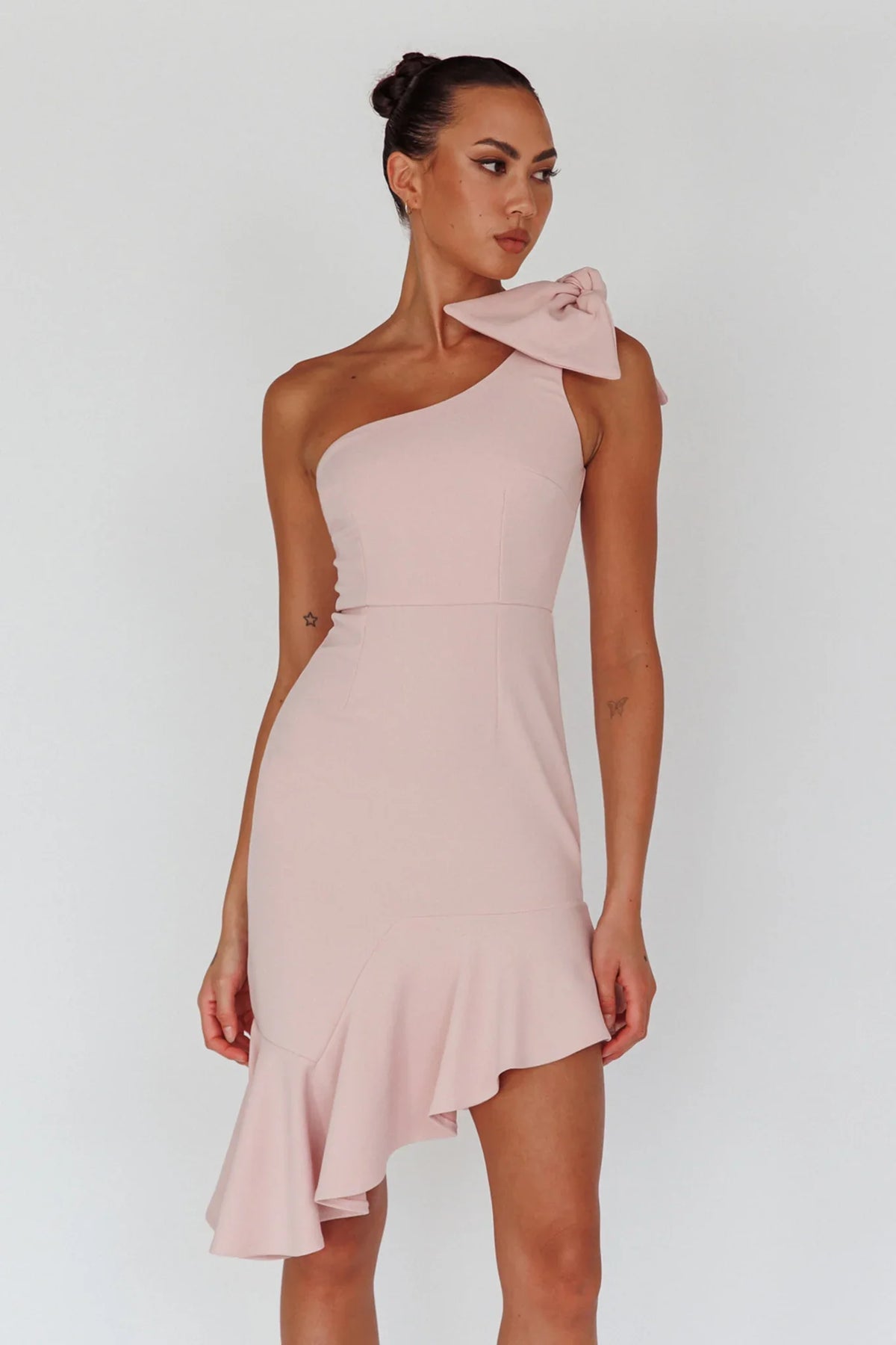 Tiffany One-Shoulder Bow Dress Blush