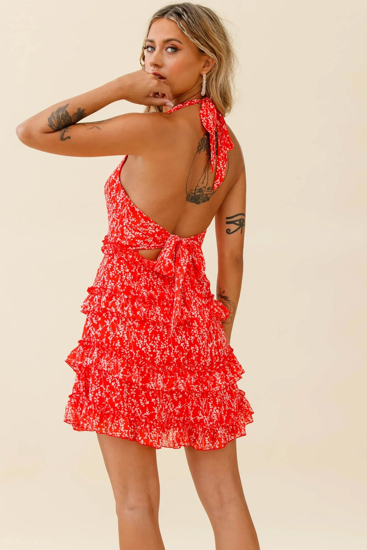 Venezuela Ruffle Trim Tie-Back Halterneck Dress Floral Print Red/White