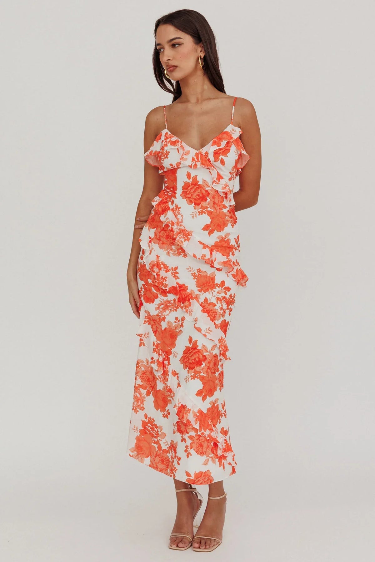 Silvana Frill Trim Maxi Dress Floral Orange