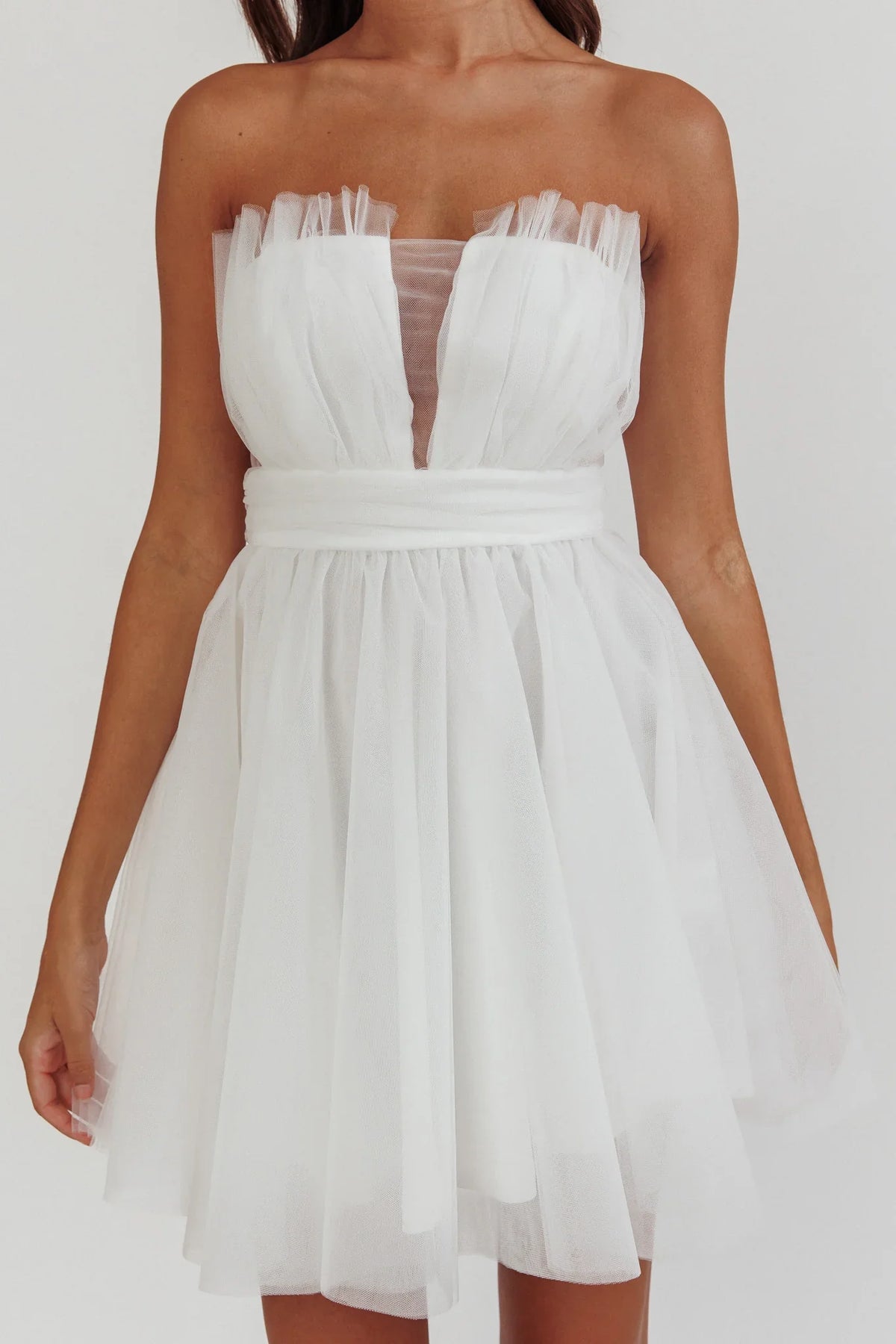 Touch The Stars Gathered Mesh Mini Dress White