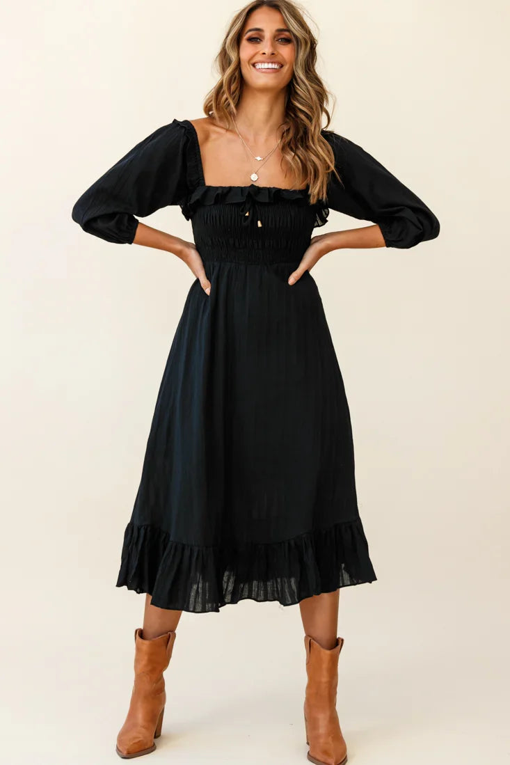 Flynn Off-Shoulder Shirred Bust Midi Dress Black