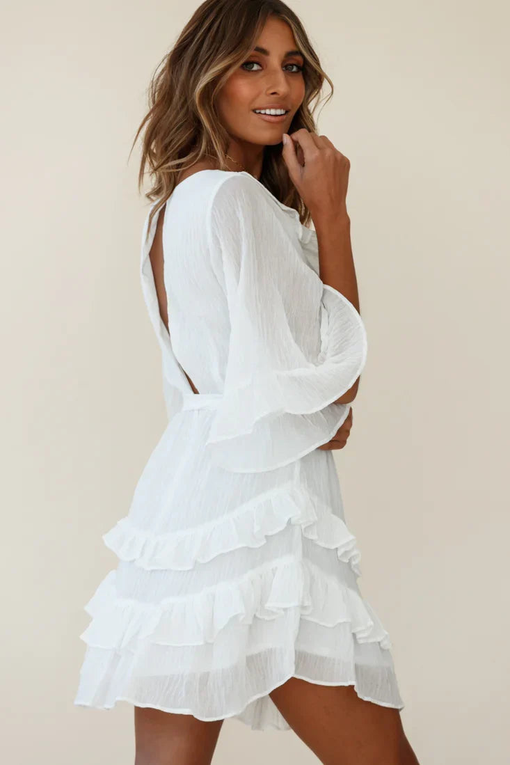 Time Will Tell Angel Sleeve Frill Detail Dress White