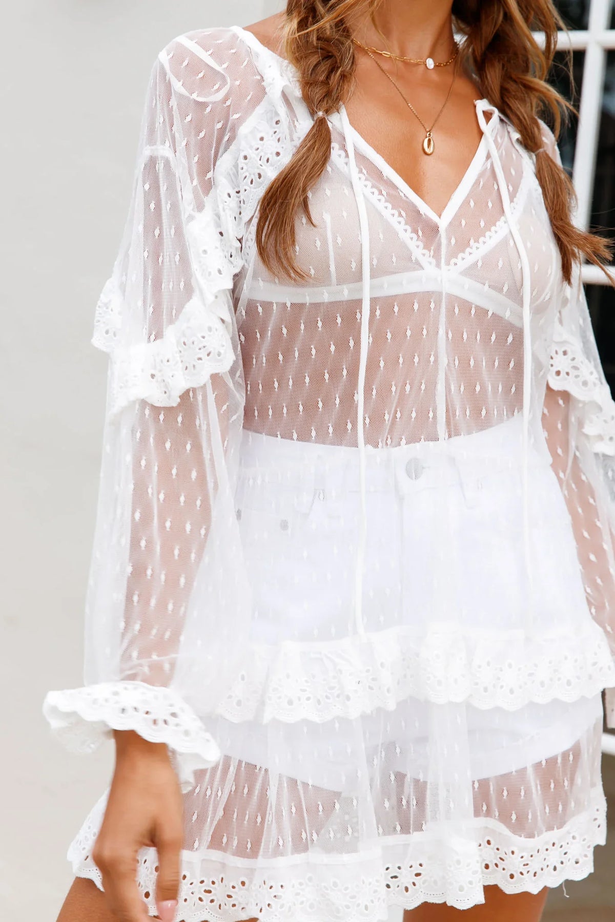 Double Dare Sheer Lace Trim Shift Top White