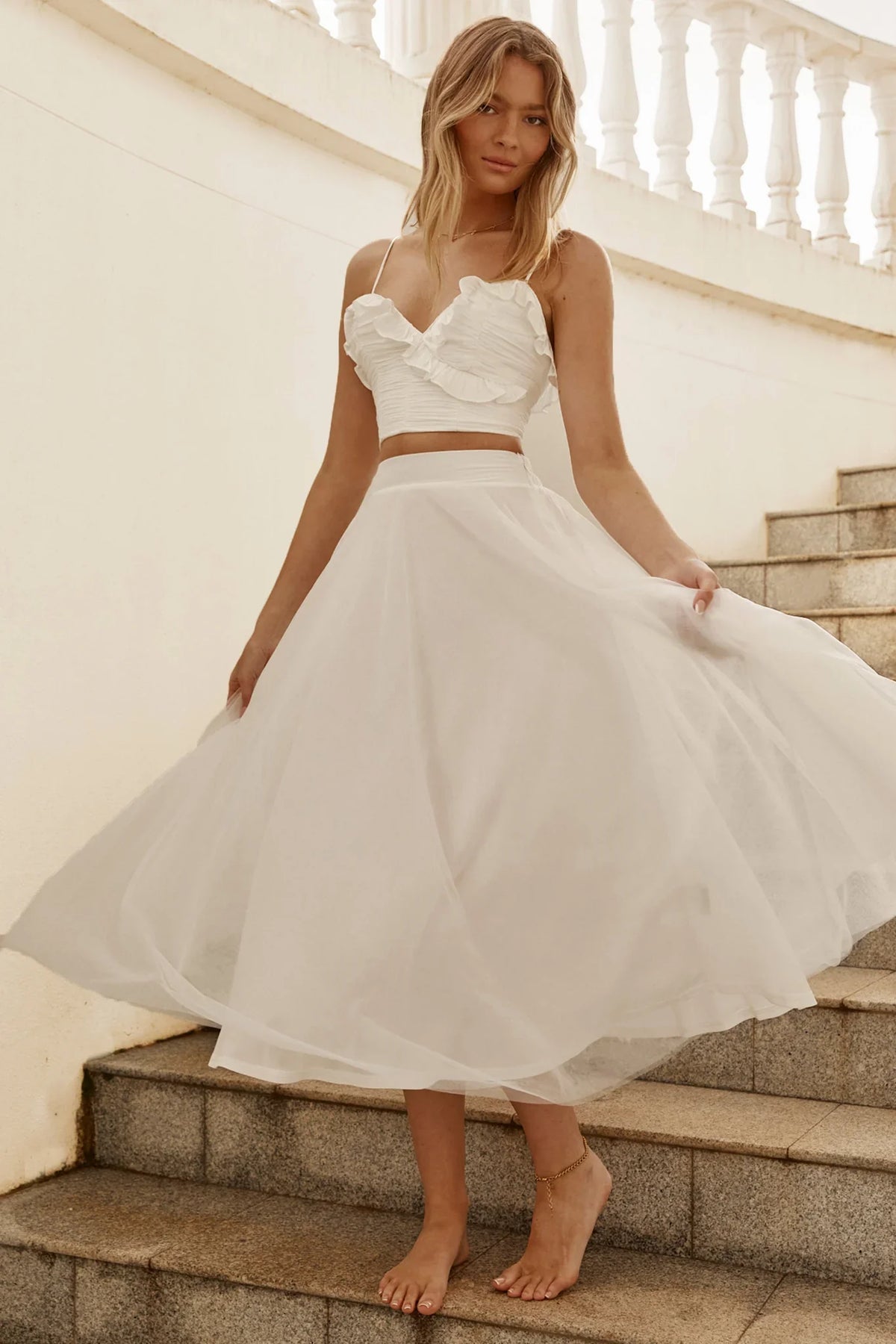 Jasmine Organza Mesh Elasticated Waist Midi Skirt White