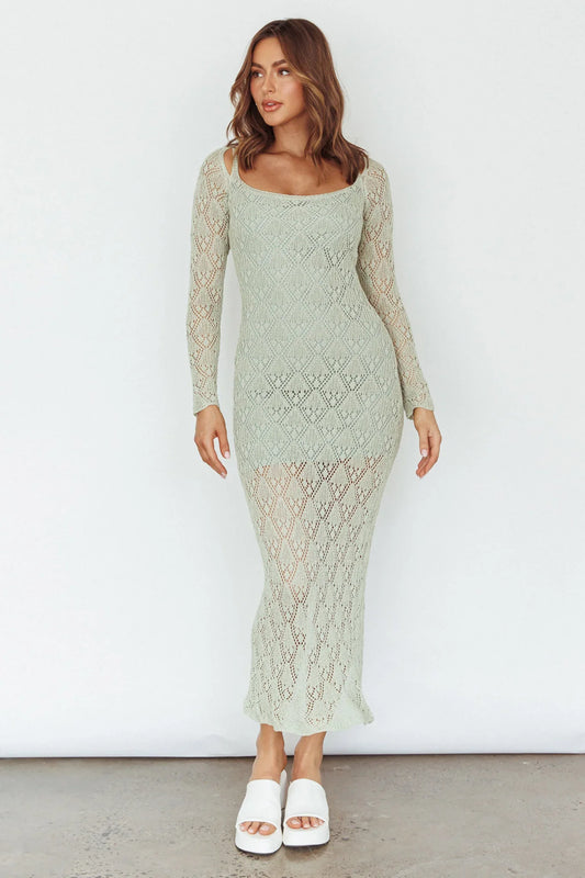 Happy Place Long Sleeve Crochet Midi Dress Sage
