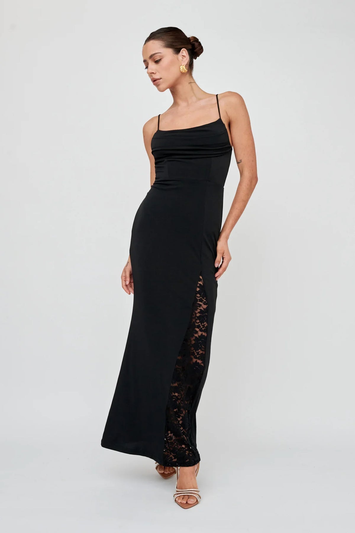 Well Versed Lace Split Maxi Dress Black