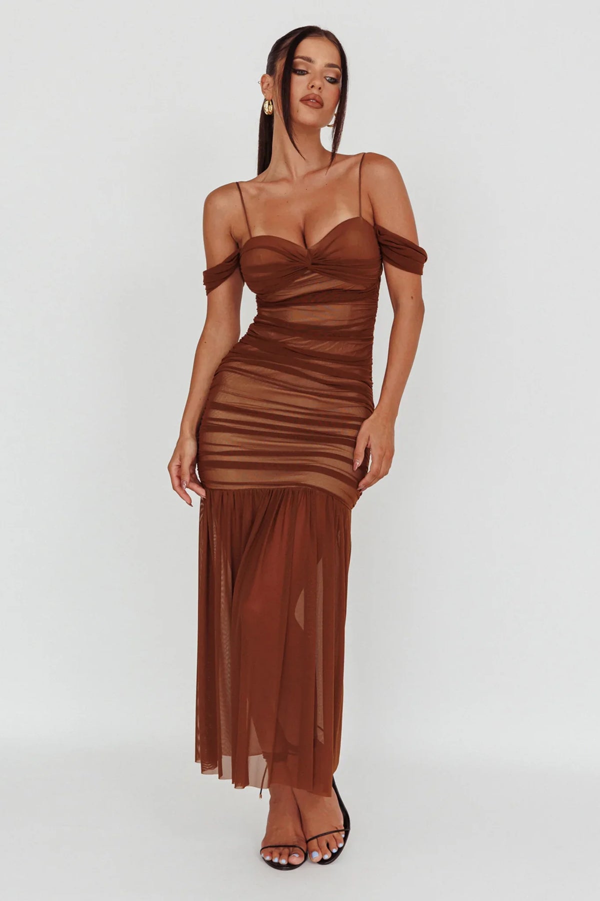 La Salle Ruched Mesh Maxi Dress Chocolate