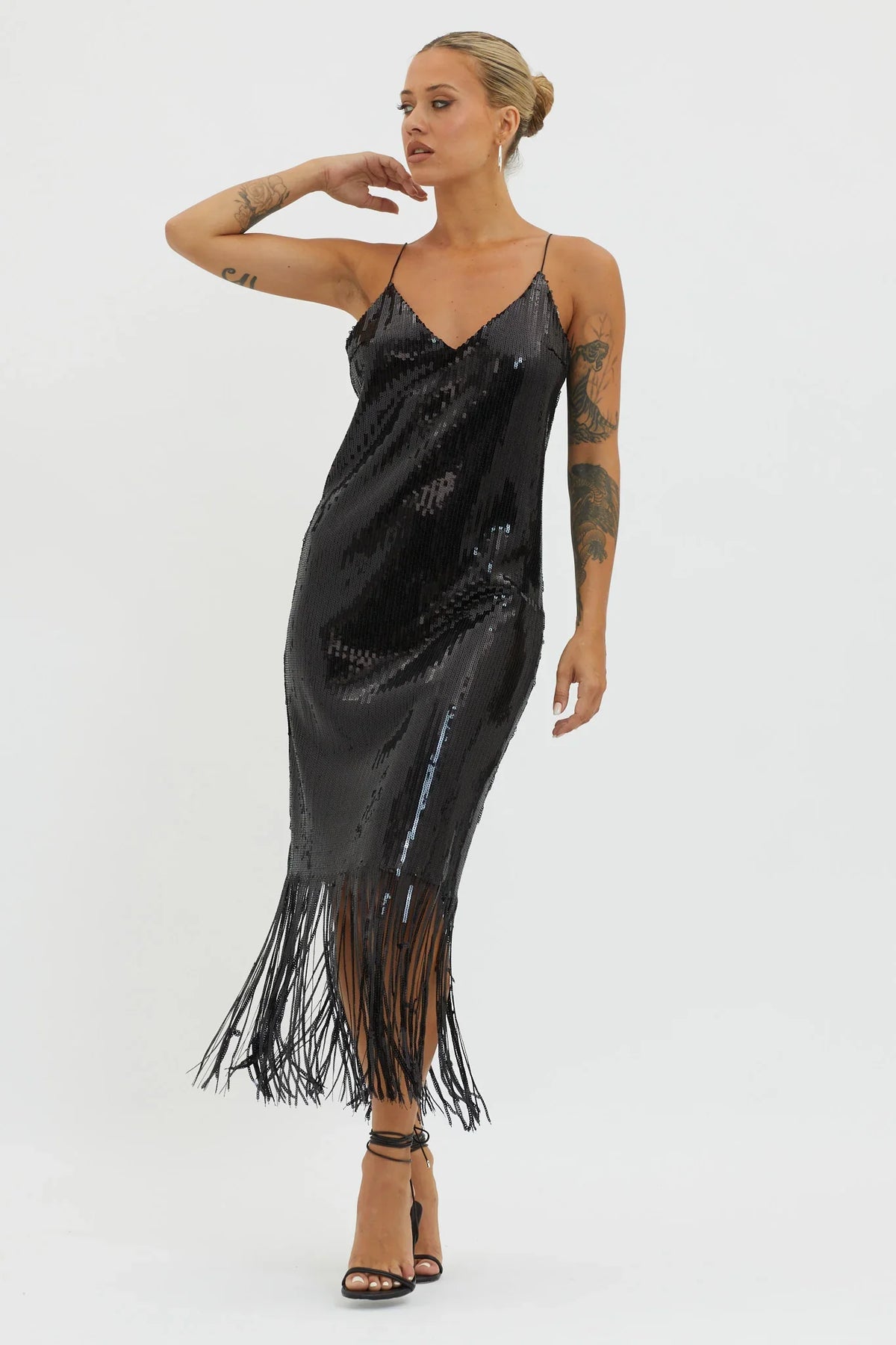 Halo Moon Sequin Fringe Midi Dress Black