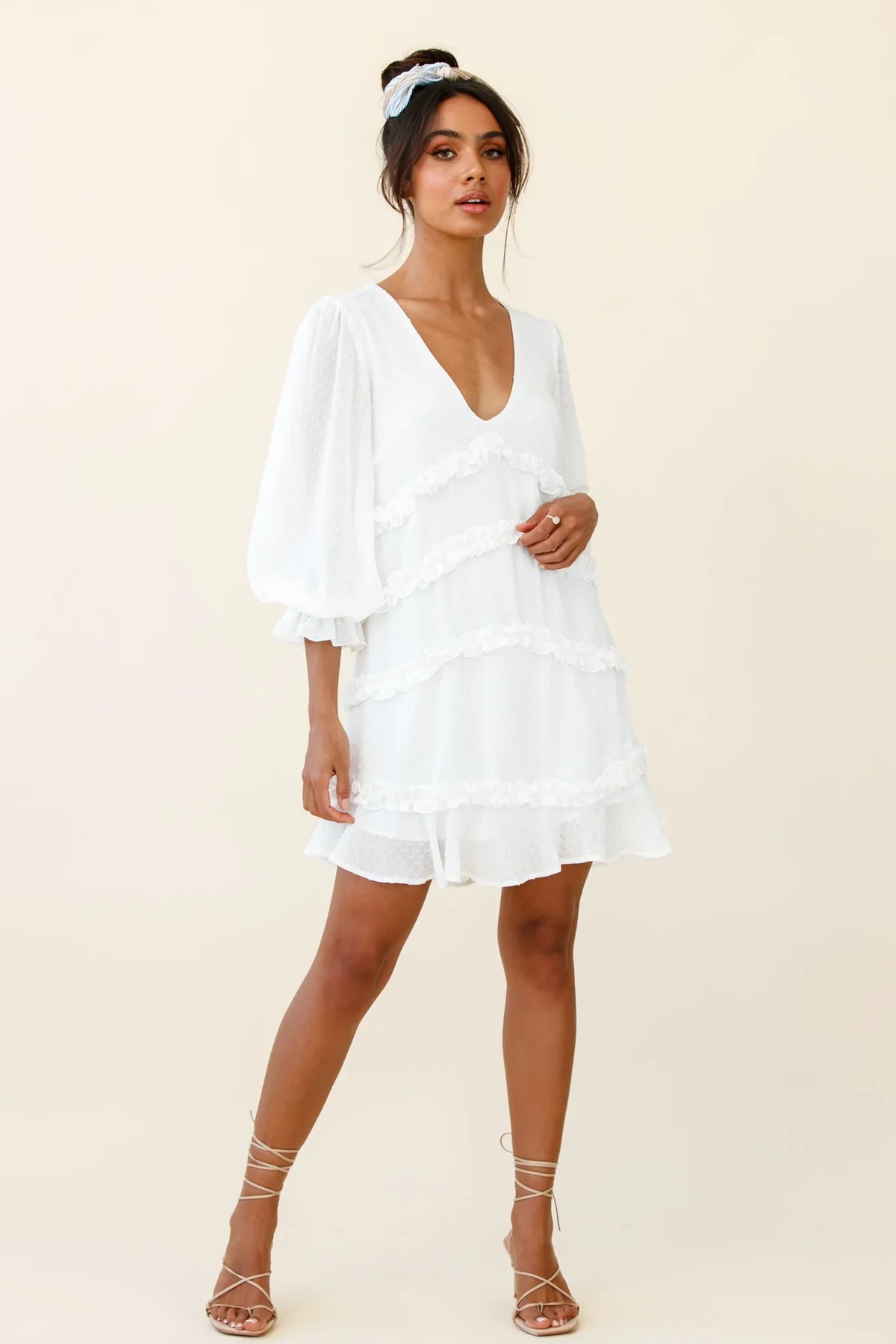 Tabitha Balloon Sleeve Loose Fit Frill Detail Dress White