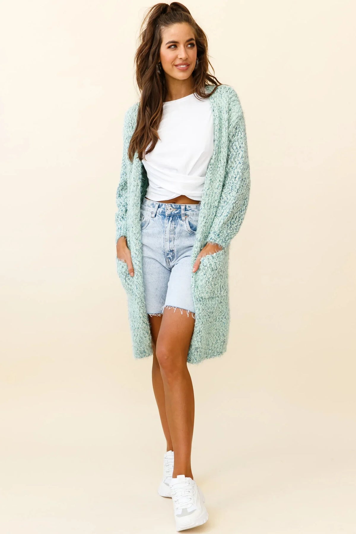 Johanna Long Sleeve Pocket Cardigan Mottled Green