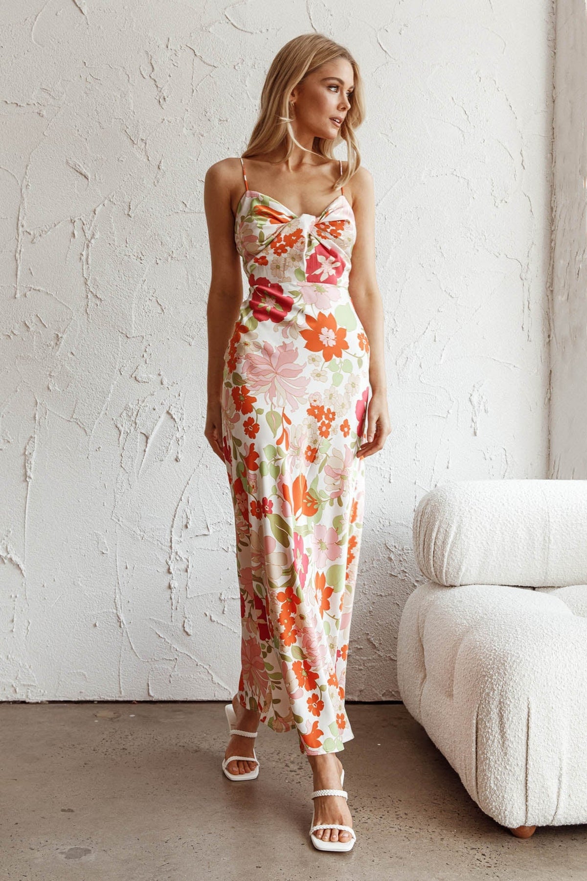 Sea Change Twist Bust Midi Dress Floral White