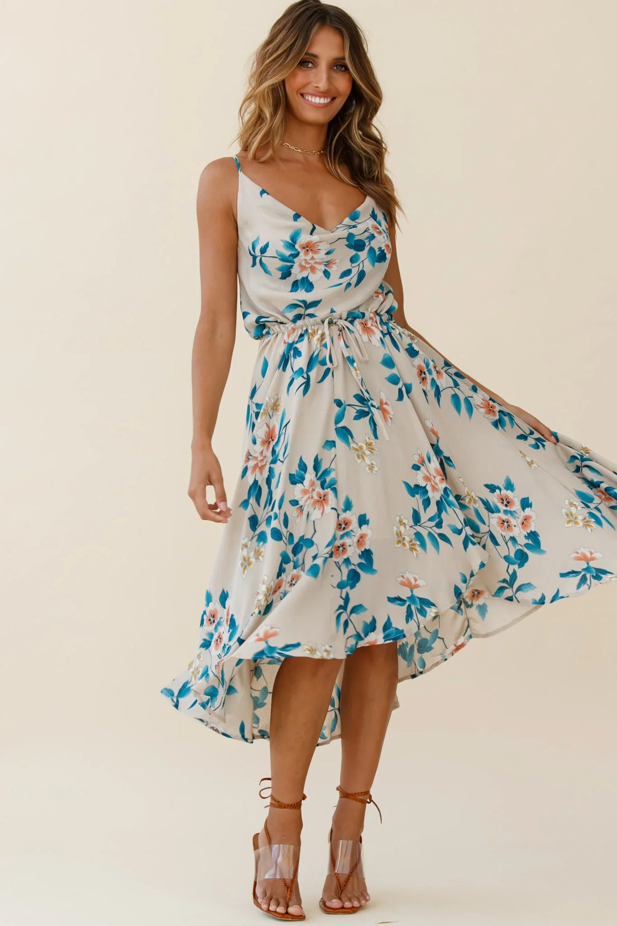 Ava Cowl Neck Drawstring Midi Dress Floral Print Mocha