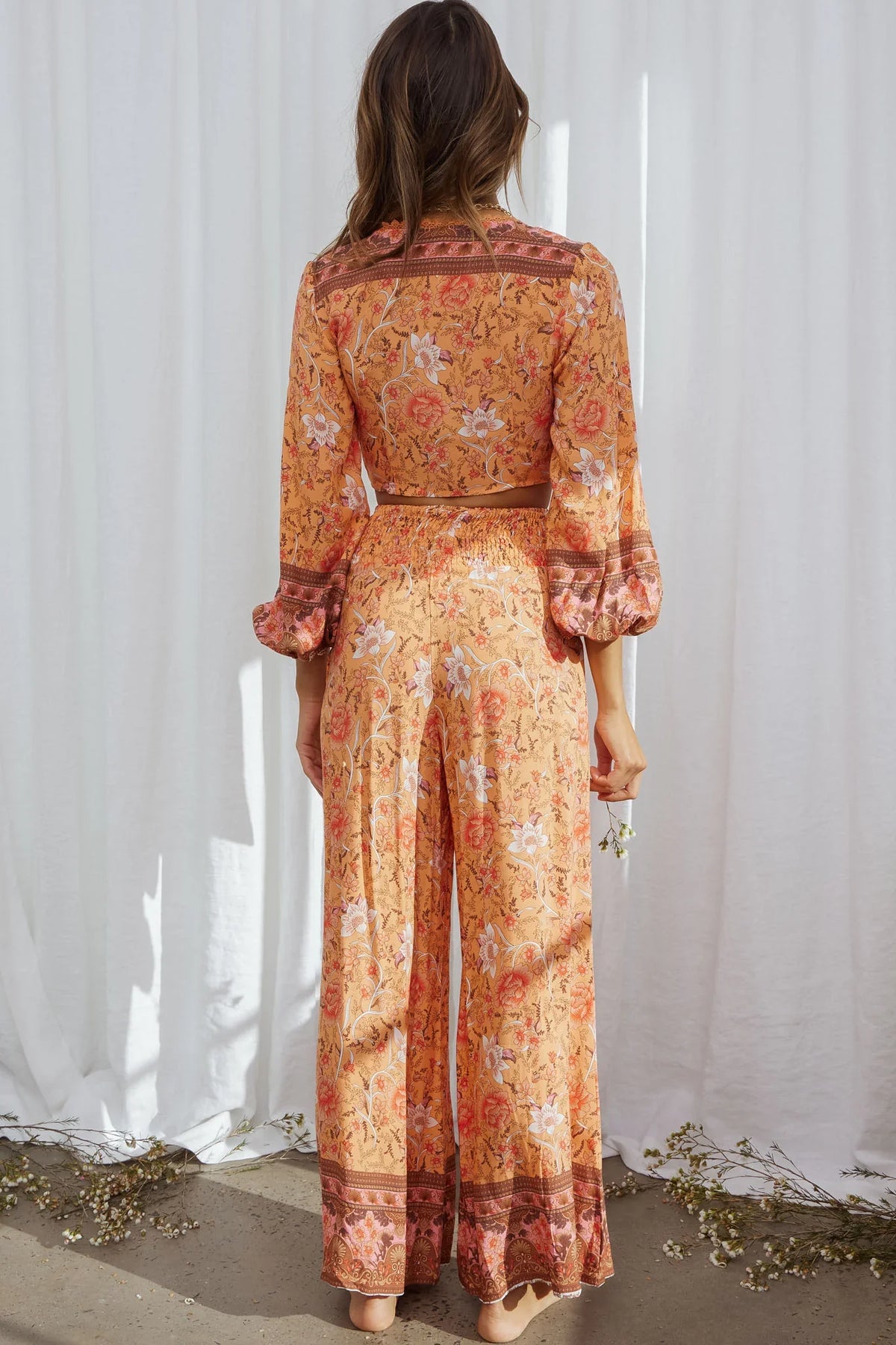 Novo Shirred Waist Long Pants Bohemian Print Orange