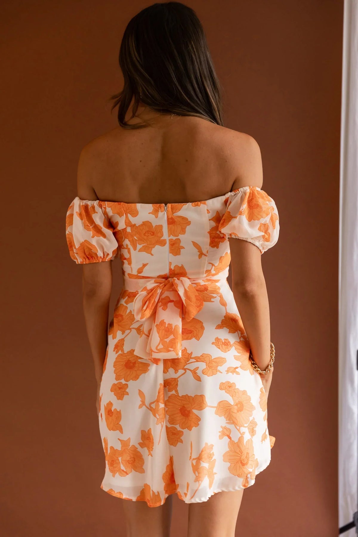 Linka Puff Sleeve Waist Tie Dress Floral Orange