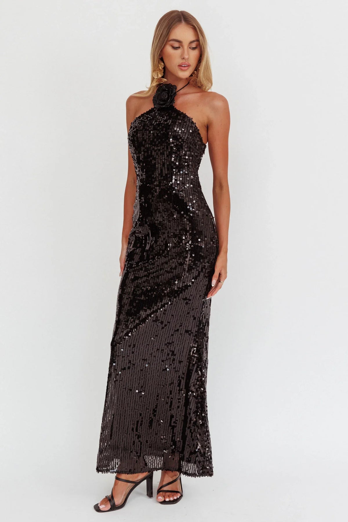 High Roller Flower Decoration Halter Dress Sequin Black