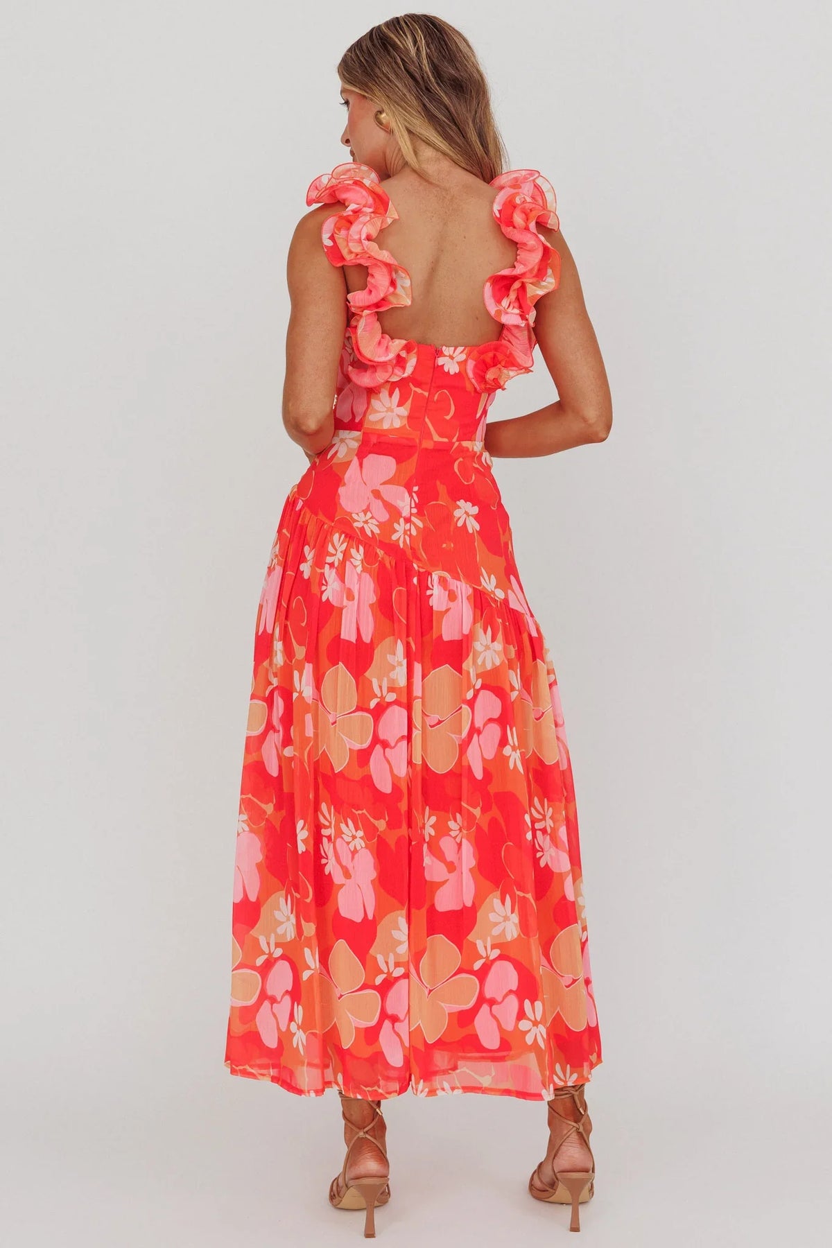 Kinley Ruffle Strap Maxi Dress Floral Orange