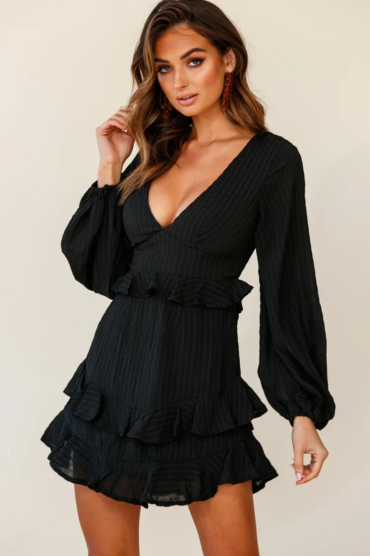 Queenie Long Balloon Sleeve Ruffle Trim Dress Black