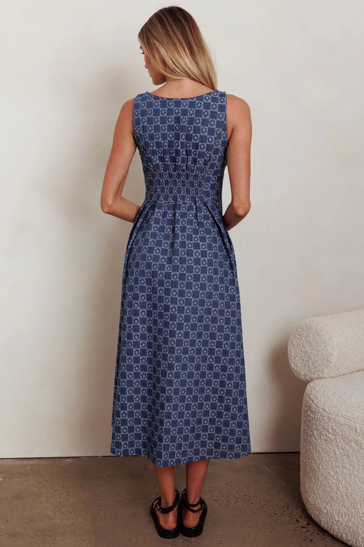 Hair Down Square Neck A-Line Midi Dress Floral Denim