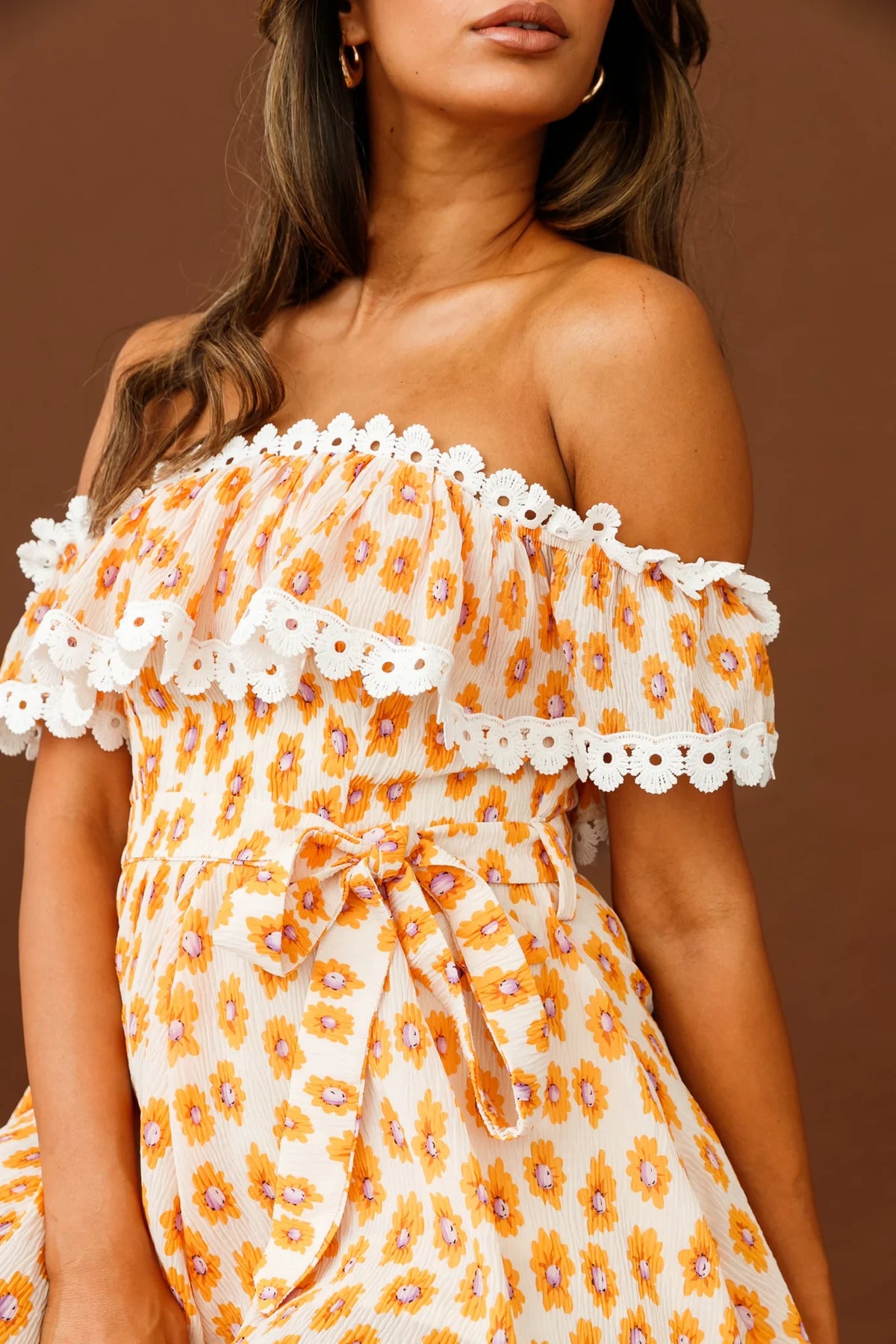 Jalisco Off-Shoulder Waist Tie Romper Floral Print White/Orange
