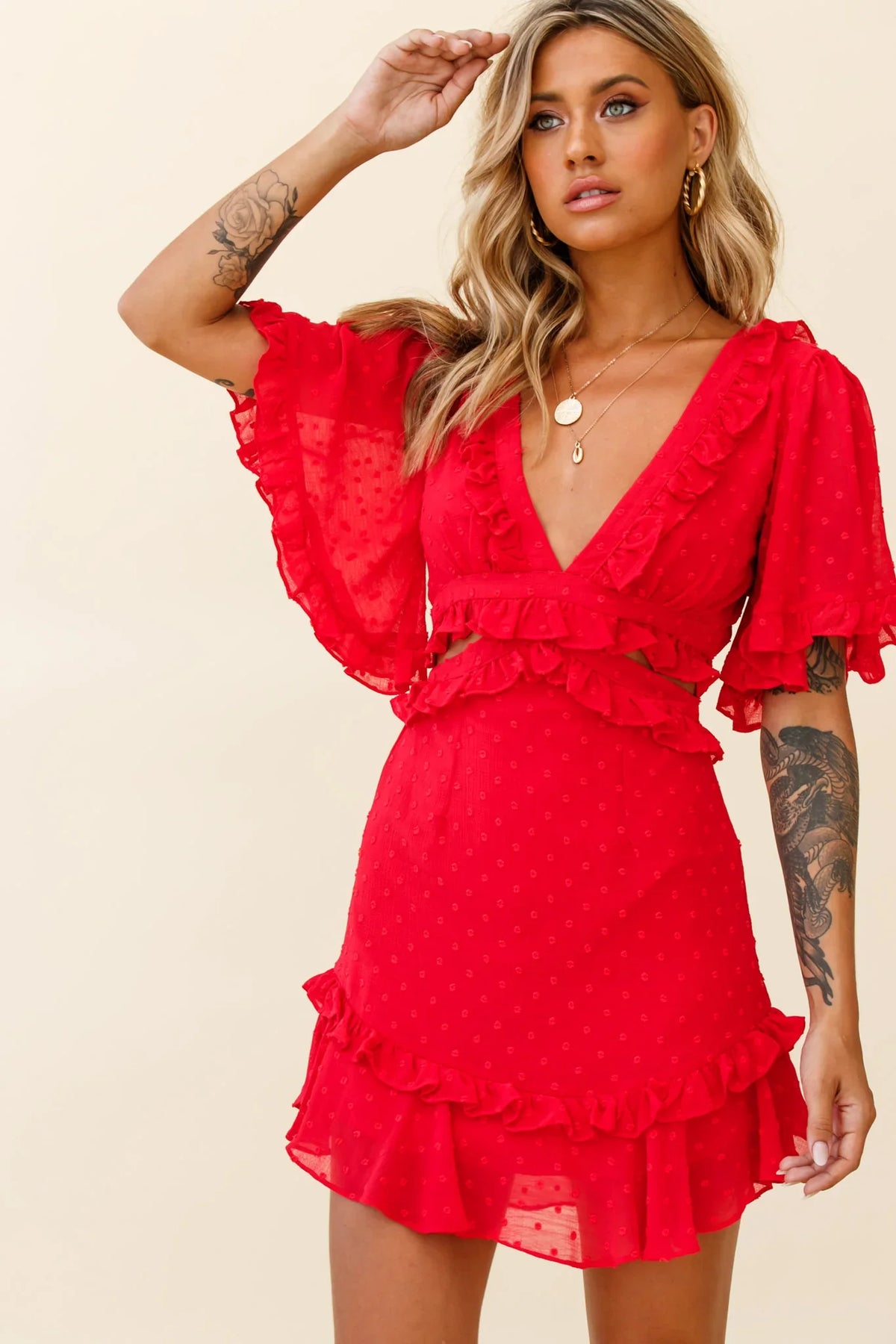 My Belle Cut-Out Detail Frill Accent Dress Red