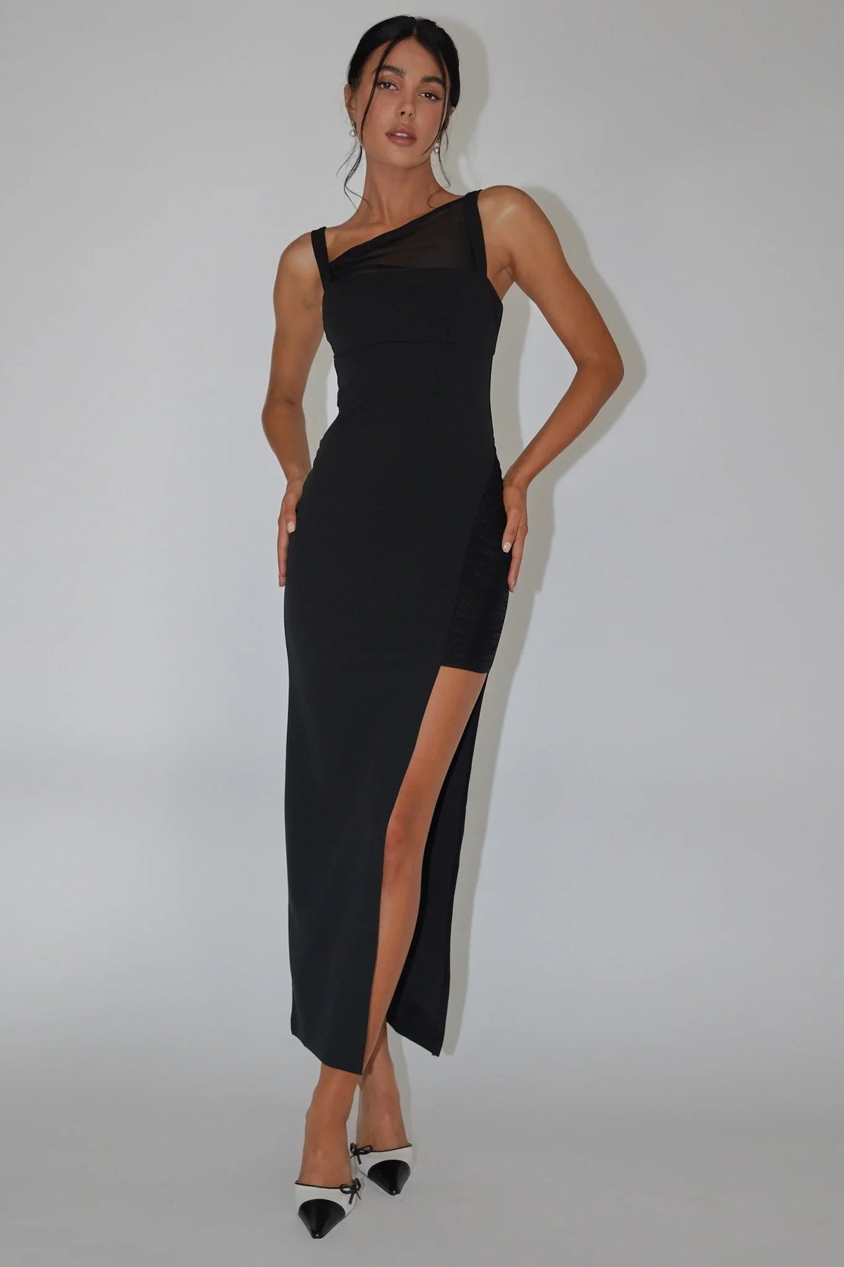 Zenya Split Ruched Midi Dress Black