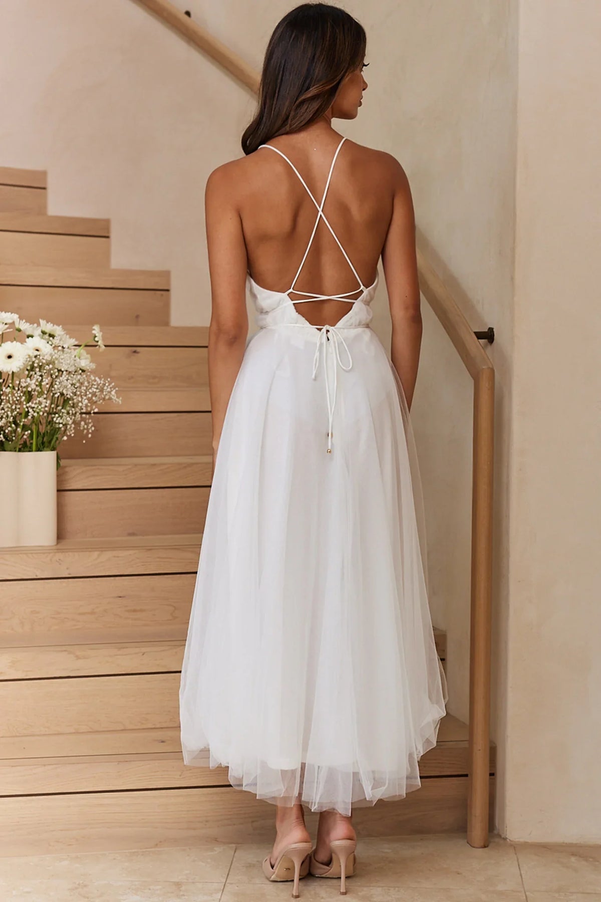 Floating By Plunging Neckline Mesh Overlay Midi Dress White