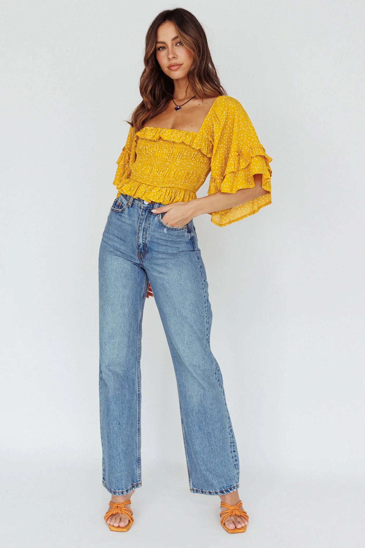 Boardwalk Bell Sleeve Crop Top Spotty Mustard