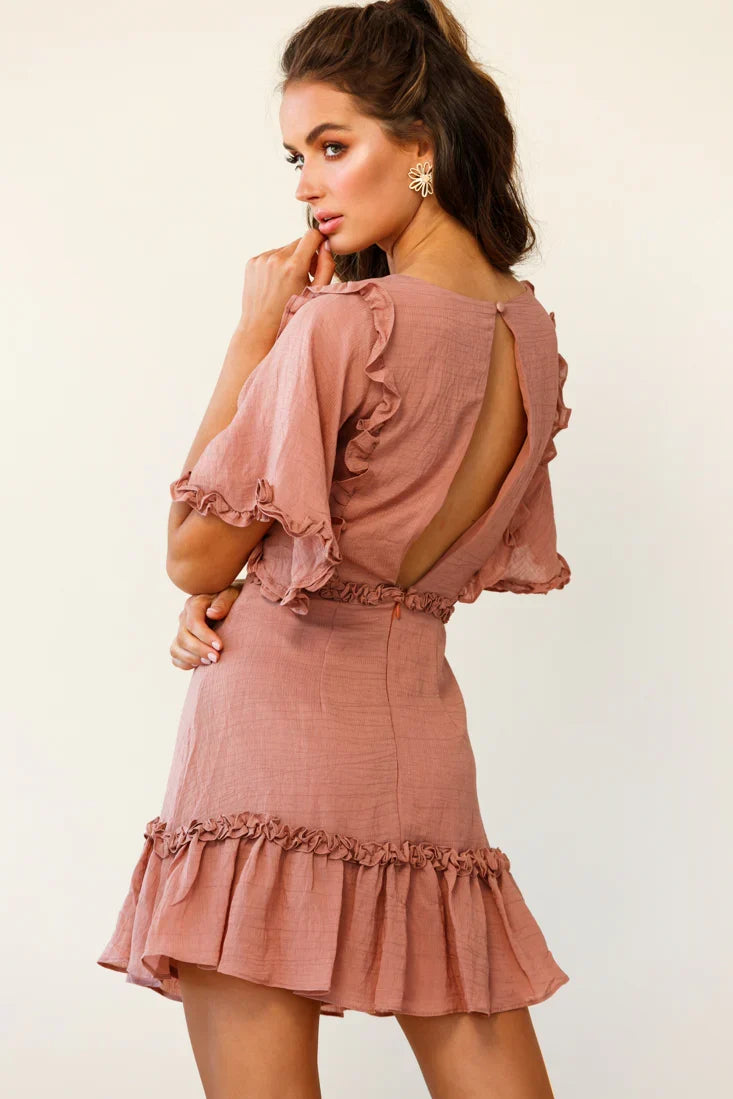 Halo V-neckline Frill Detail Dress Rose