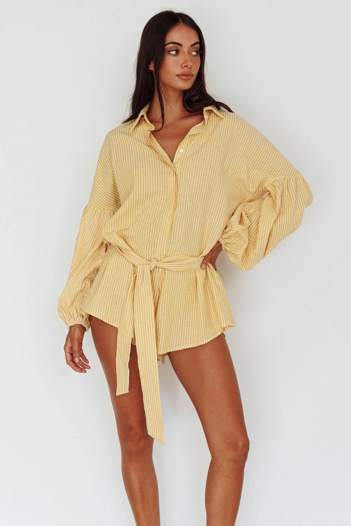 Daytona Beach Long Sleeve Shirt Romper Yellow Stripe