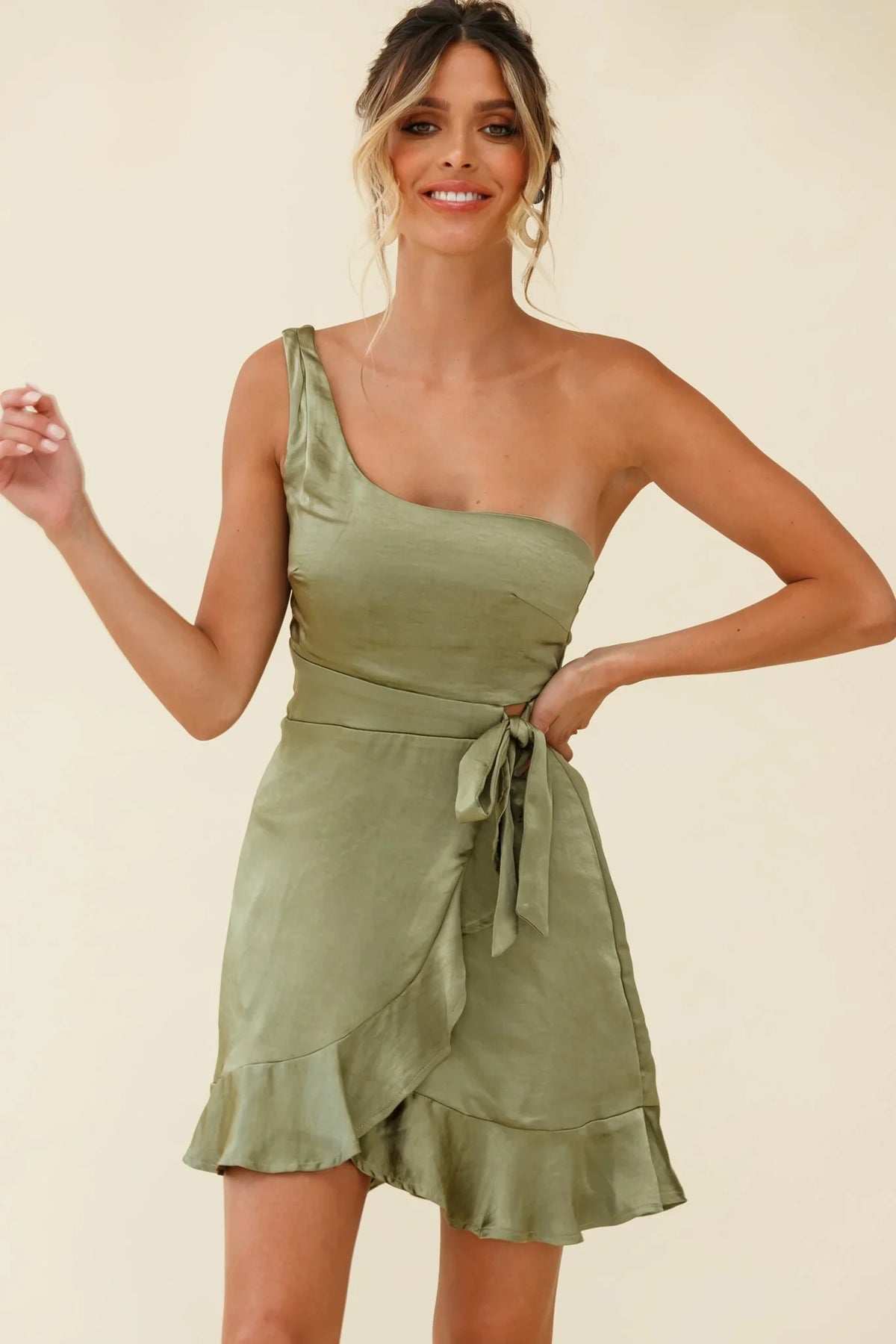 Waiting For Tonight One Shoulder Faux Wrap Dress Olive