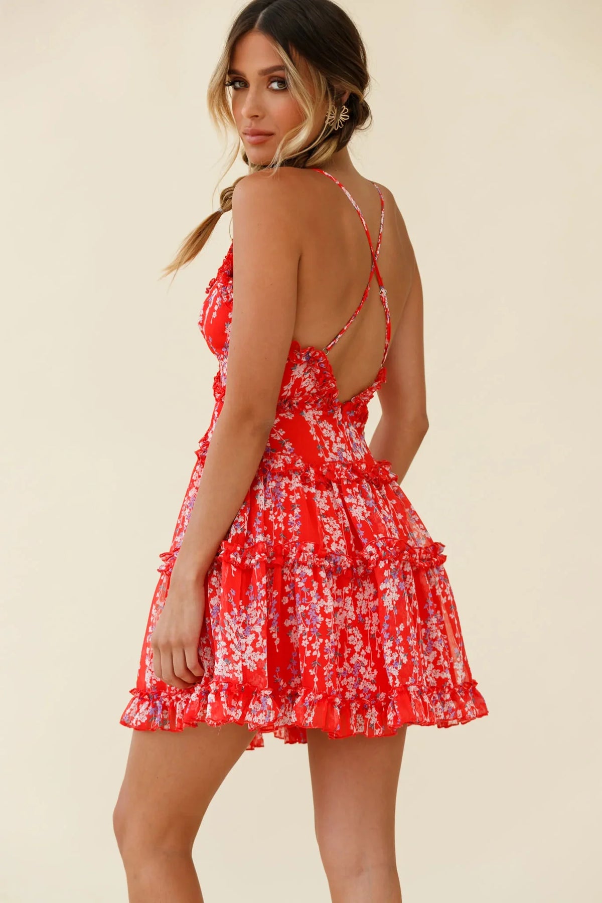 Laney Low Back Cami Strap Dress Floral Vine Print Red