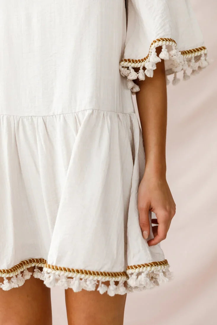Donna Dropped Waist Tassel Dress Beige