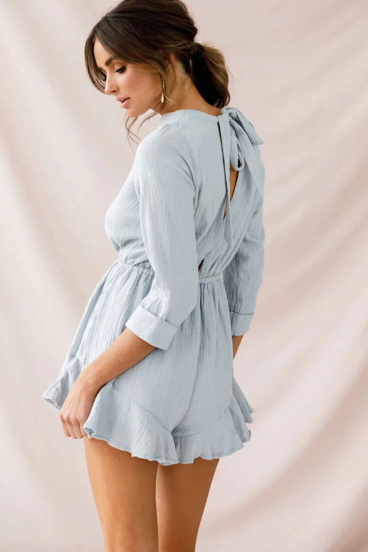 Mimi Three-Quarter Sleeve Drawstring Romper Grey