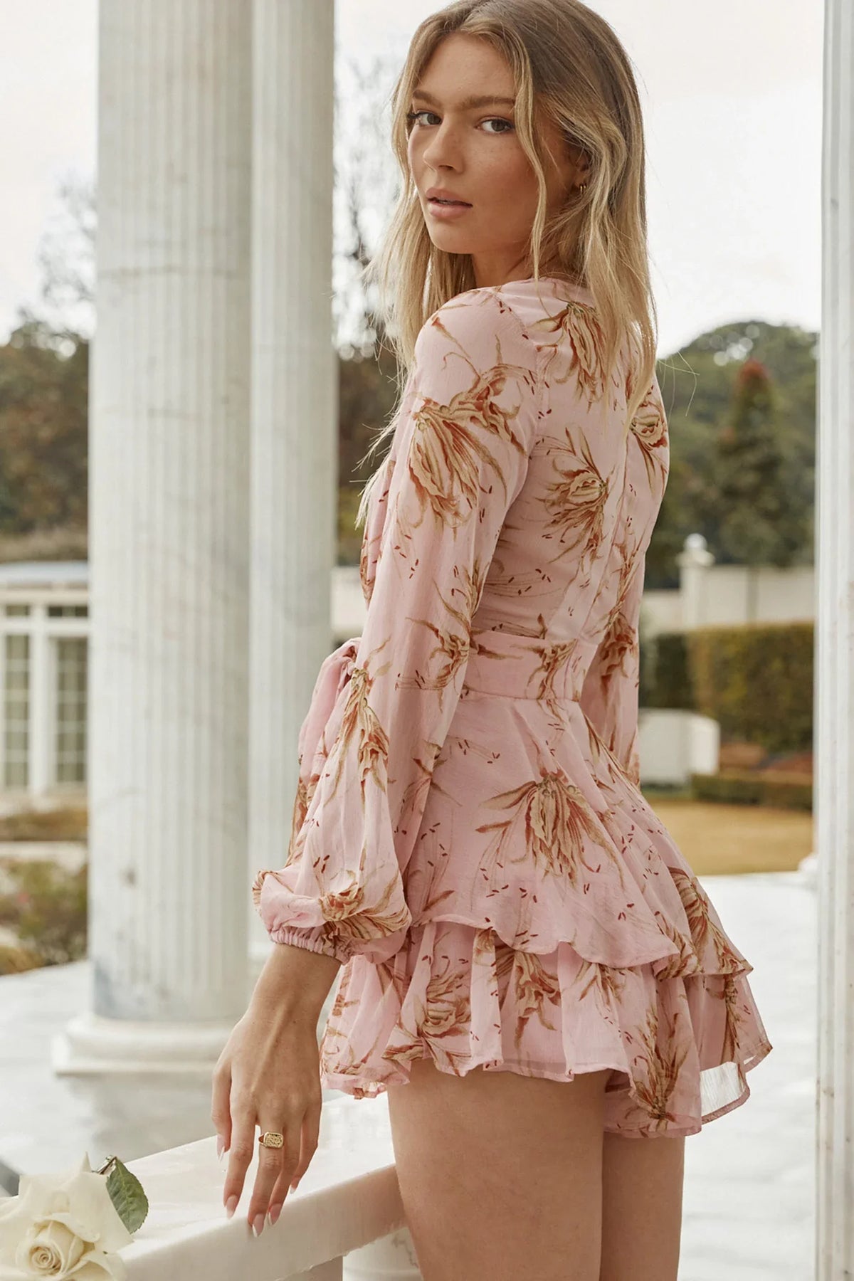 Maddox Fit & Flare Long Sleeve Romper Lily Print Pink