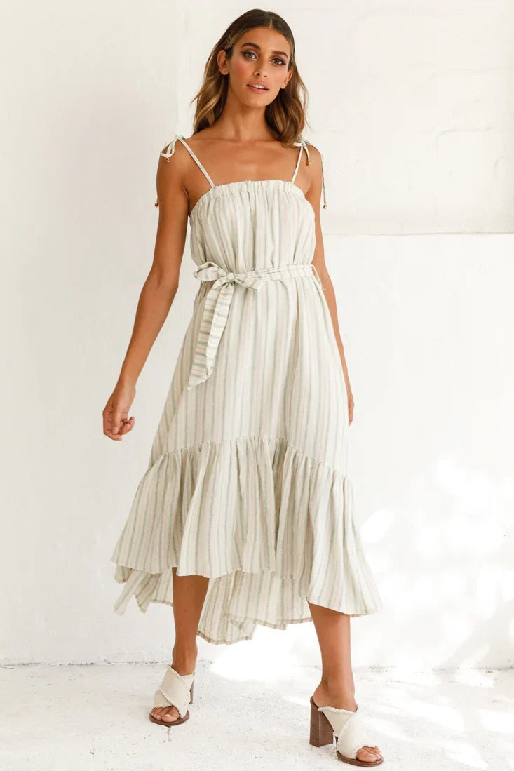 Golden Days Tied-Shoulder Midi Dress Stripe Pattern Olive