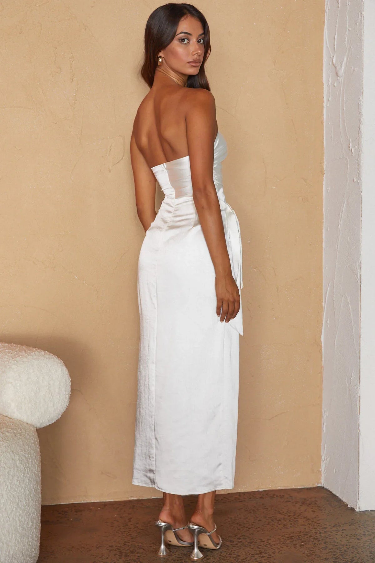 Gianna Strapless Waist Tie Midi Dress White